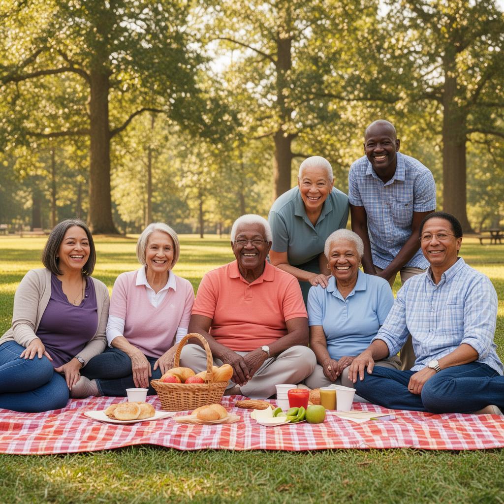 Group of adult day program participants enjoying a community picnic outing at a Virginia park