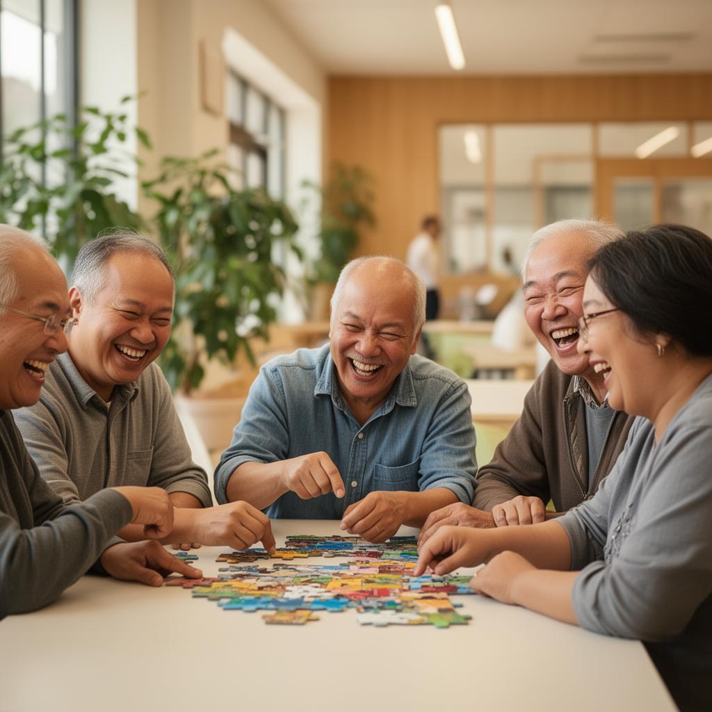 Group of adult participants laughing together while building a colorful puzzle at Gregory & Friends day support center in Dumfries, VA