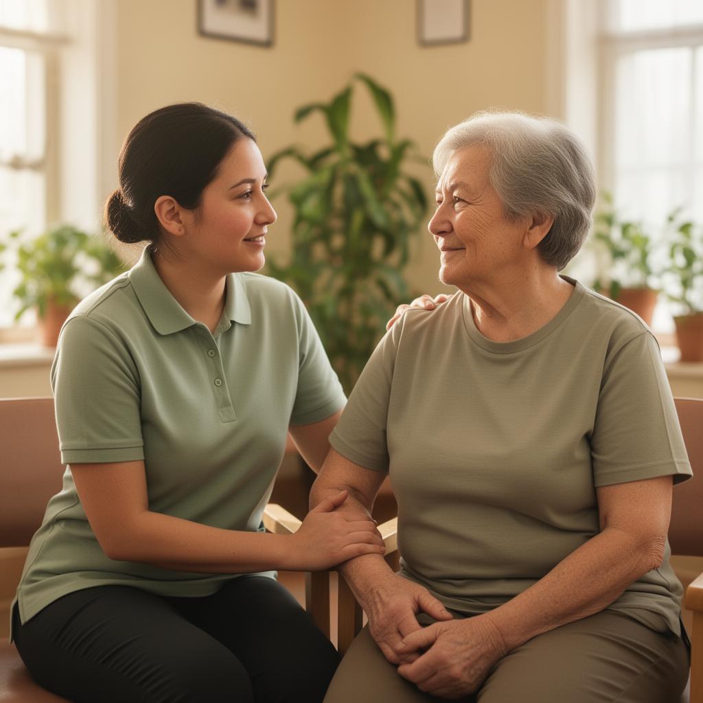 A patient caregiver in a sage-green polo speaking warmly with an adult participant at the Gregory & Friends day support center